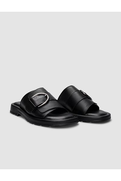 Cabani Black Genuine Leather Women's Slippers - 100% Buckle