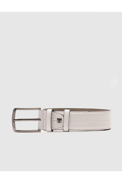 Cabani 100% Genuine Leather Croco Pattern 4 cm Men's White Belt