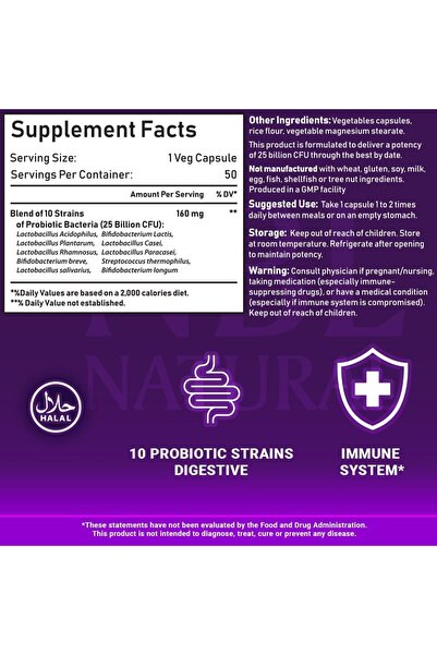 NBL Natural , Probiotic-10, 25 Billion, with 10 Probiotic Strains, 50 Veg Capsules