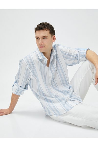 Koton Men's Navy Blue Striped Shirt