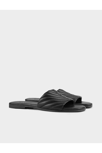 Cabani Genuine Leather Stitched Black Women's Slippers