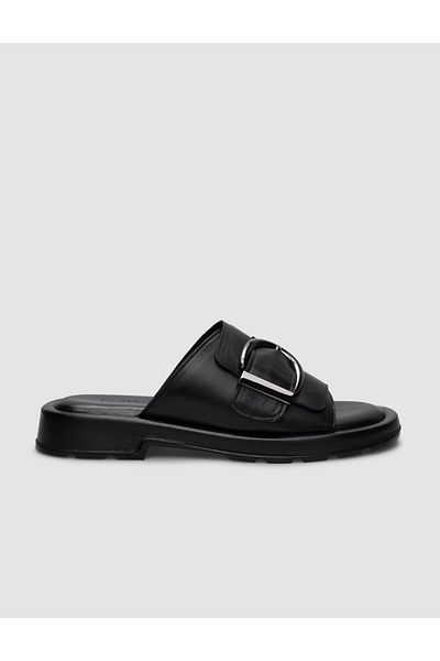 Cabani Black Genuine Leather Women's Slippers - 100% Buckle