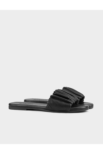 Cabani Flat Sole Genuine Leather Black Women's Slippers