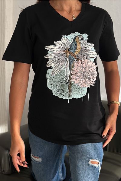 FEMELLE Tricou de damă, negru, cu decolteu în V, cu model papagal, cu paiete brodate, 100% bumbac