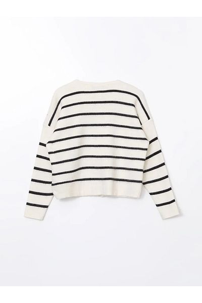 LC Waikiki Lcwaikiki Classic Ecru Crew Neck Striped Women's Knitwear Cardigan