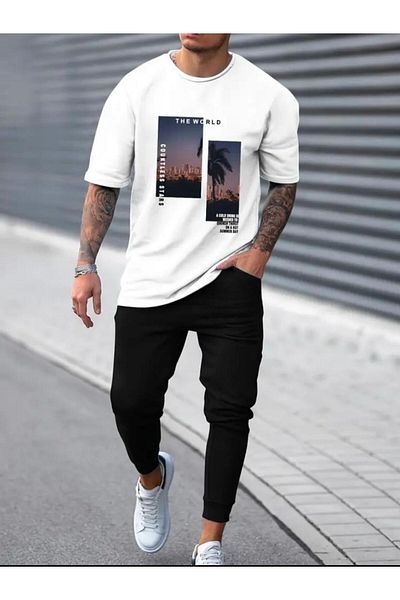 Medinenur Set de trening Jogger negru cu imprimeu City View - Potrivire confortabilă