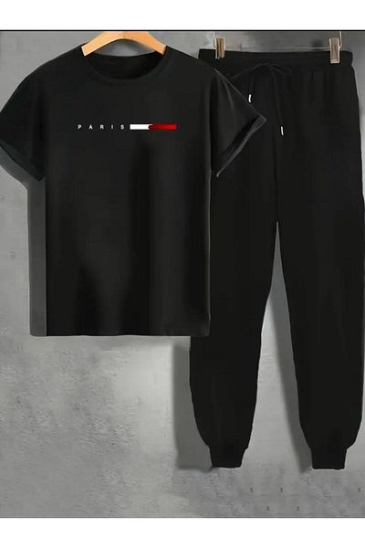 Medinenur Tricou cu imprimeu Paris Pantaloni de trening Jogger Confortabil Fit Negru Trening Costum