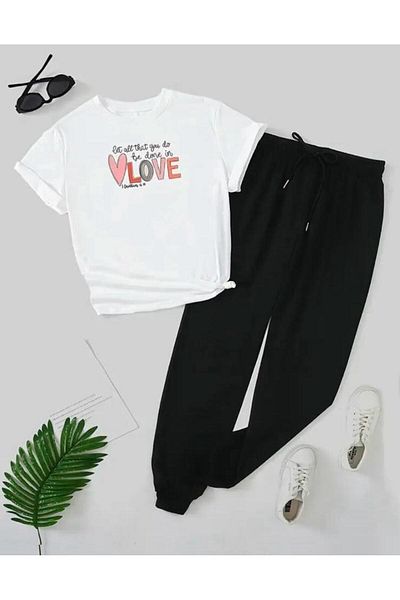 Medinenur Love Printed T-shirt Φούτερ Jogger Άνετη Μαύρη φόρμα