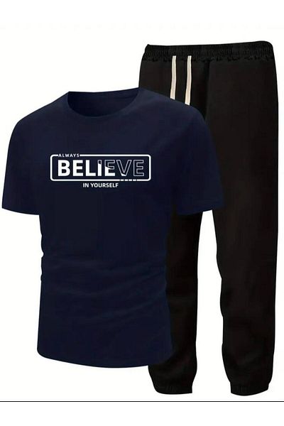 Medinenur Believe Text Printed T-shirt Φούτερ Jogger Comfortable Fit Μαύρο Σετ φούτερ