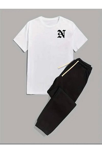 Medinenur Κείμενο εμπριμέ T-shirt Φούτερ Jogger Comfortable Fit Μαύρο Σετ φούτερ