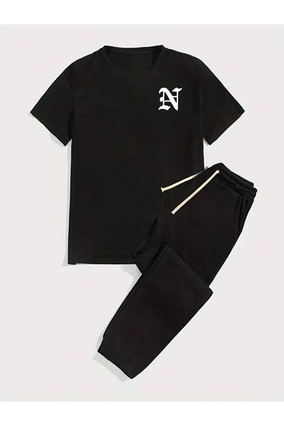 Medinenur Κείμενο εμπριμέ T-shirt Φούτερ Jogger Comfortable Fit Μαύρο Σετ φούτερ