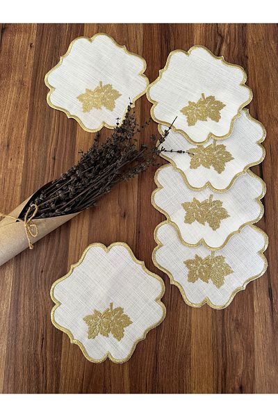 NURHAN HOME COLLECTION 6 Κοκτέιλ χαρτοπετσέτες παρουσίασης σε φύλλα με μοτίβο σε χρυσό χρώμα κεντημένες στο πλάι του καφέ