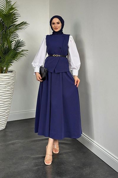 MERVEN AKYÜZ Armando Navy Blue Vest and Skirt Set - Belted
