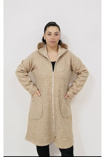 AKŞEN GİYİM Large Size Bucket Fabric 100 cm Size Zip Closure Two Pocket Long Coat