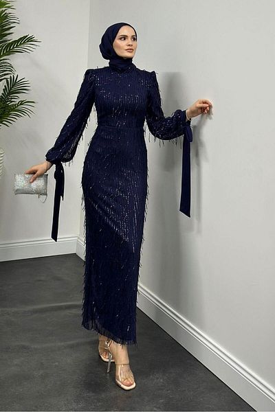 MERVEN AKYÜZ Βραδινό φόρεμα με μολύβι με παγιέτες Navy Blue Alena