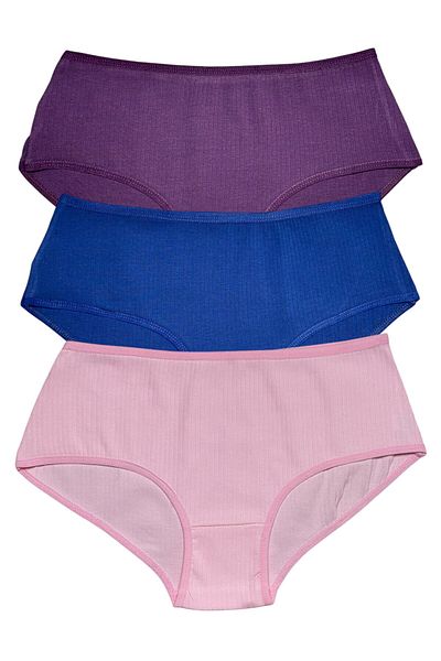 Gizli Butik Set de 3 chiloți cu nervuri pentru femei - talie înaltă, bumbac, violet roz și indigo