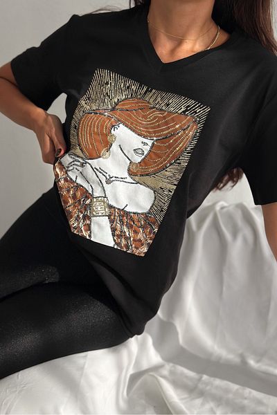 FEMELLE Tricou de damă, negru, cu decolteu în V, cu pălărie de mărime mare, cu paiete brodate, 100% bumbac