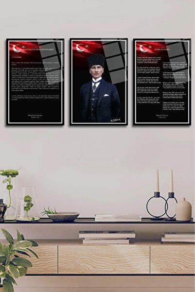 AR AJANS KANVAS TABLO Makam Atatürk portresi İstiklal marşı ve Gençliğe Hitabe 3 lü Set CAM  TABLO