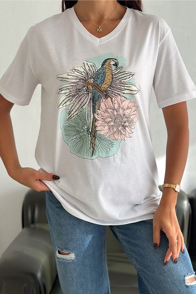 FEMELLE Women's White V-Neck Plus Size Parrot Pattern Sequin Sequin Embroidered 100% Cotton T-Shirt