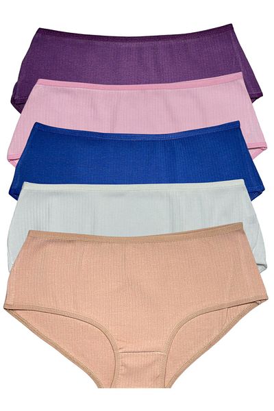 Gizli Butik Pachet de 5 chiloți din bumbac cu talie înaltă pentru femei, cu nervuri, multicolore