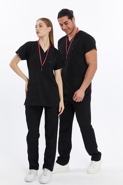 Çatı Medikal Happiness Basic - Set de uniforme pentru medic și asistentă din Lycra neagră, uniformă și set chirurgical (UNISEX)