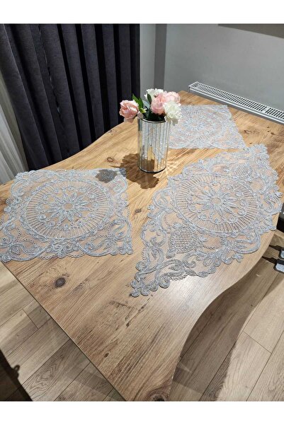 Tekstilife EV TEKSTİL 3 LÜ SET  YATAK ODASI SET GRİ [gümüş simli] LÜX DANTEL 90X40 runner 40x40 peçete [2 adet]