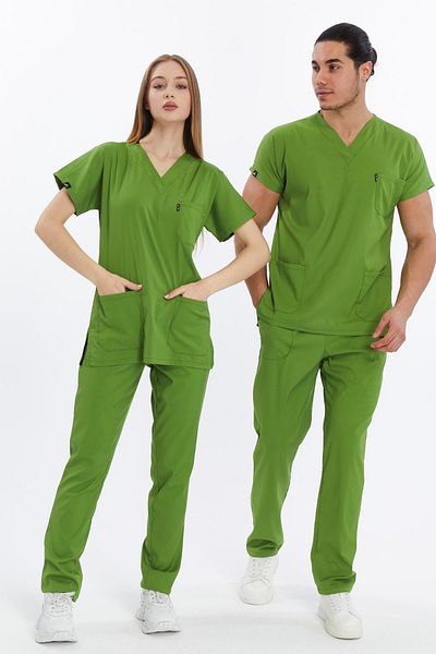 Çatı Medikal Happiness Basic - Lycra Doctor Nurse Scrubs Σετ Τζέρσεϊ, Χειρουργική Στολή (UNISEX), Φιστίκι