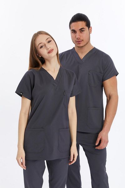 Çatı Medikal Happiness Basic - Set de uniforme pentru medic și asistentă din lycra antracit, uniformă pentru scrub și costum chirurgical (UNISEX)