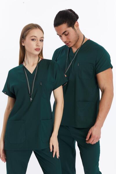 Çatı Medikal Happiness Basic - Set de tricou pentru scrub pentru doctor și asistentă din Lycra, uniformă chirurgicală (UNISEX), Y închis
