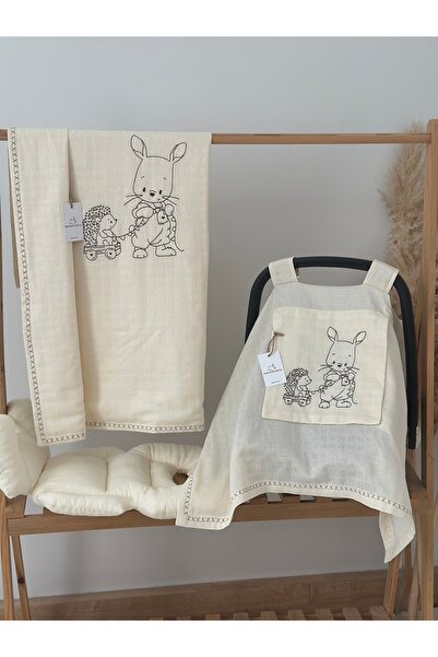 MAMARADUGA Single Layer Muslin Embroidered Stroller Cover + Stroller Cushion + Double Layer Embroidered Blanket - Cream Hedgehog-Rabbit