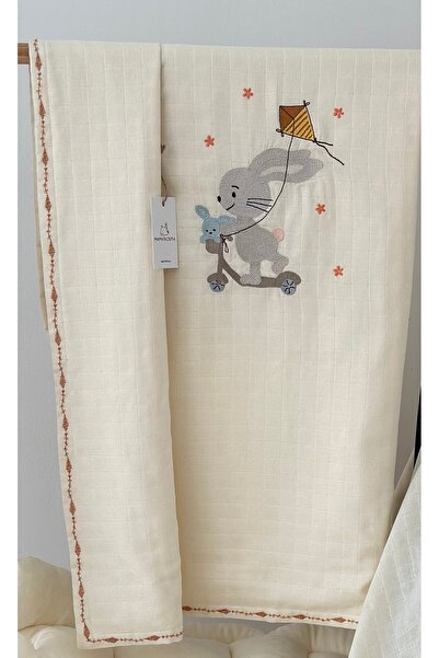 MAMARADUGA Muslin Embroidered Single Layer Stroller Cover and Double Layer Embroidered Blanket Cream Scooterrabbit