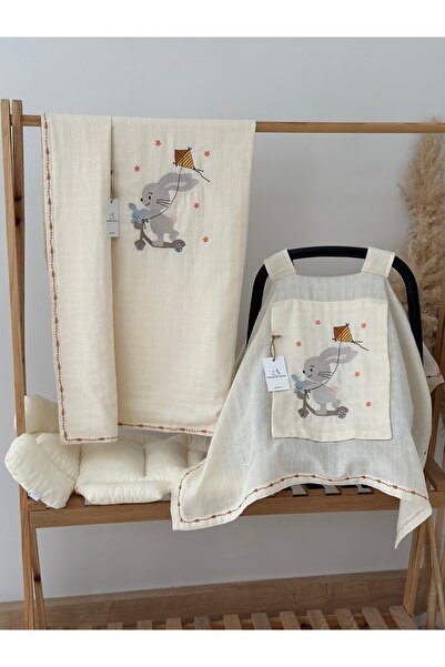MAMARADUGA Muslin Embroidered Single Layer Stroller Cover and Double Layer Embroidered Blanket Cream Scooterrabbit