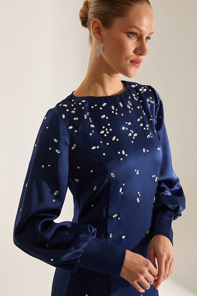 BETTY & SAM Maddie Midi Long Sleeve Dark Blue Evening Gown
