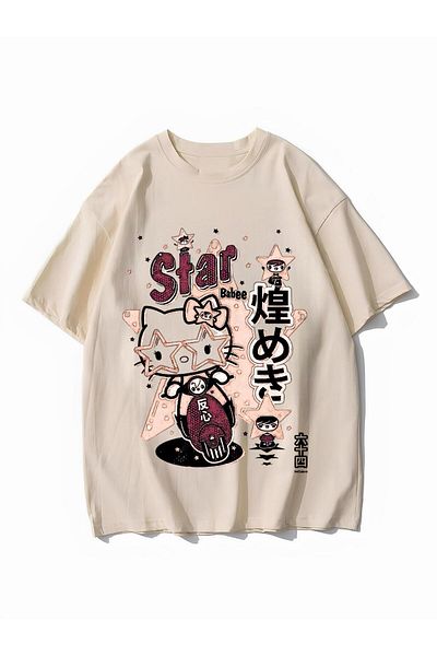 Aesthia Μπλουζάκι Star Hello Kitty Beige Unisex Oversize