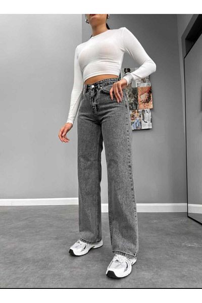 geenz manifacture Blugi Palazzo din Lycra gri din anii 90 Emma - Pantaloni largi cu talie înaltă