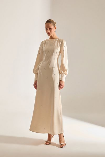 BETTY & SAM Maddie Midi Long Sleeve Ecru Evening Gown