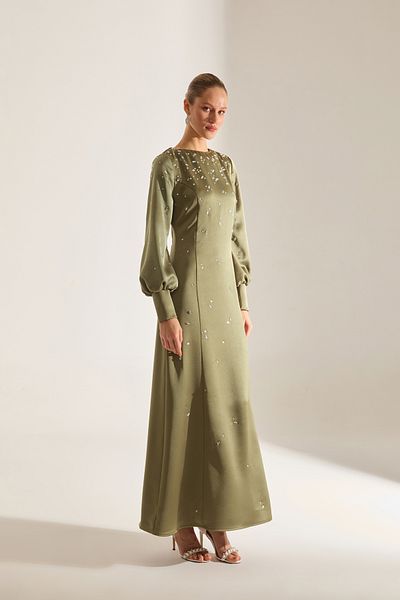 BETTY & SAM Maddie Midi Long Sleeve Khaki Evening Gown
