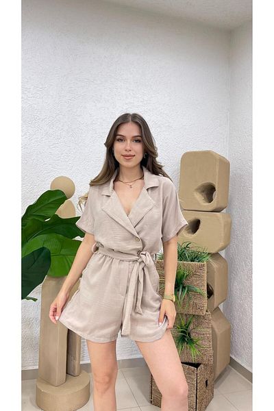 Nazline Women's Shirt Collar Belted Short Shorts Jumpsuit