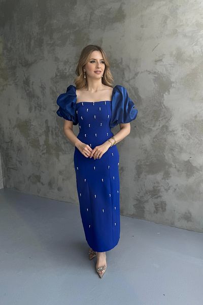HELİS BUTİK Square Neck Maxi Length Stone Detailed Pera Saks Blue Dress