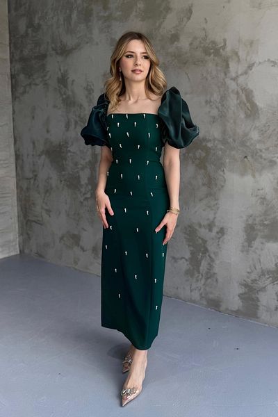 HELİS BUTİK Square Neck Maxi Length Stone Detailed Pera Emerald Dress