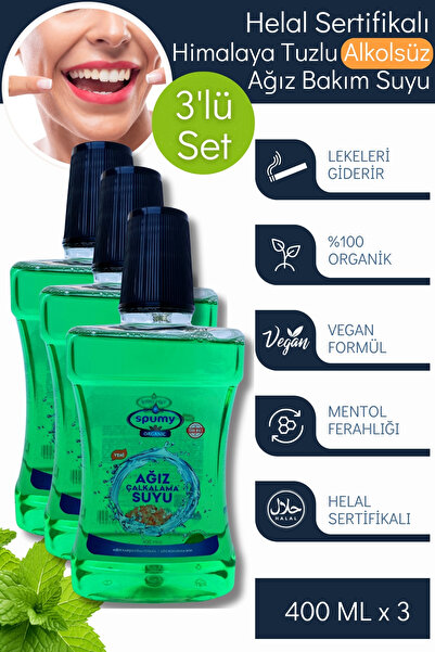 Spumy Helal Sertifikalı Himalaya Tuzlu Alkolsüz 3'lü Ağız Bakım Suyu 400 ml -...