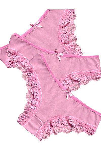 Gizli Butik 3-Piece Women's Lace Detailed Cotton Bikini Panties Pink