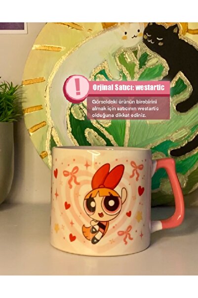 westartic PowerPuff Girls - Blossom Kalp Detaylı Kupa Bardak Kahve Fincanı
