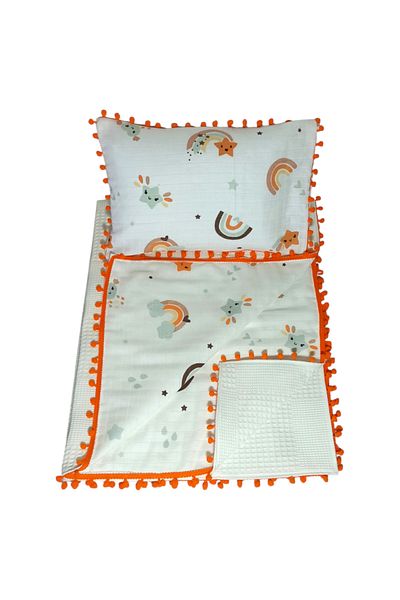 Birmelek Piqued Muslin Blanket and Pillow Set - Double Layer Pompom