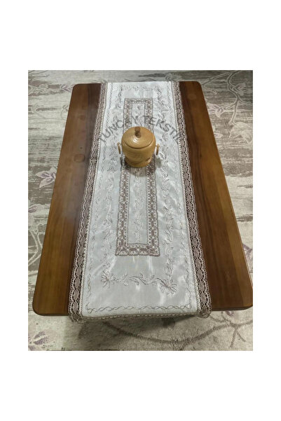 TUNCAY TEKSTİL güpür buldan ipeği kahverengi nakışlı runner