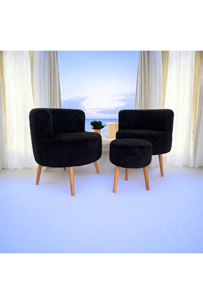 Edam Siyah Çay Seti İkili Koltuk Berjer ve Puf Takımı (Salon, Balkon, Ofis) 3...