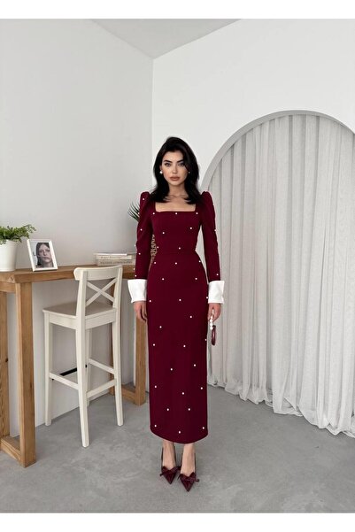 conconmoda Tasarım İncili Atlas Uzun Elbise