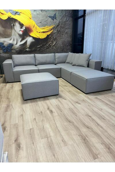 Erduran Mobilya Angelo 4 Modül + 2 Puf Köşe Koltuk Takımı (6 Modül) Keten Kum...