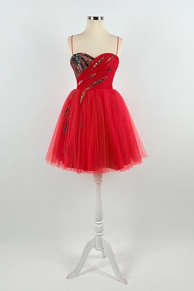 Lenta Moda Mini Evening Dress and Evening Dress with Red Draped and Colorful Lace Detail