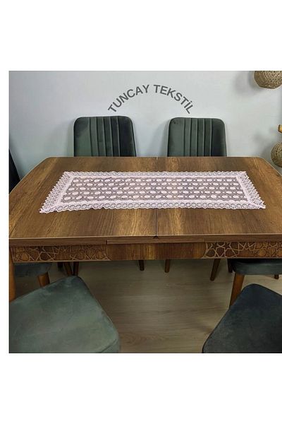 TUNCAY TEKSTİL Daisy Pattern Laced Polyester Runner Ranir Coffee Table Tablecloth French Guipure Cover Powder Pink